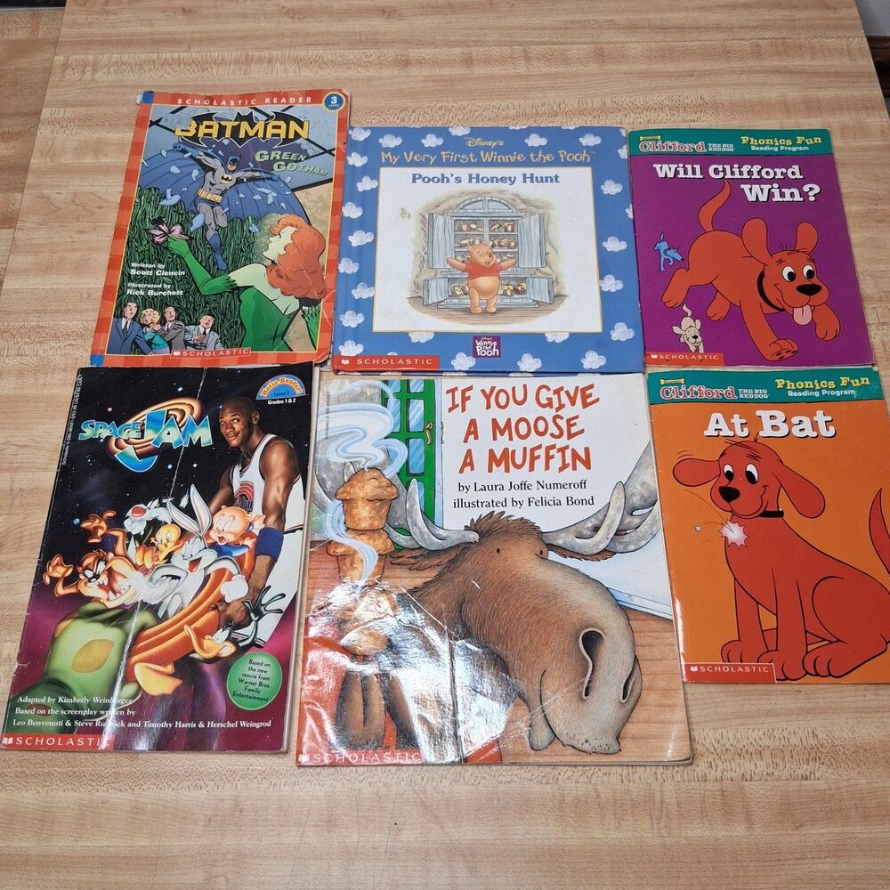 6 Kids Children's Book Lot Clifford Batman Pooh Moose Muffin Scholastic Felicia